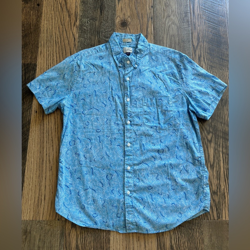 J.‎ Crew Slim Large Blue White Pattern Short Sleeve Cotton Pocket Button Shirt